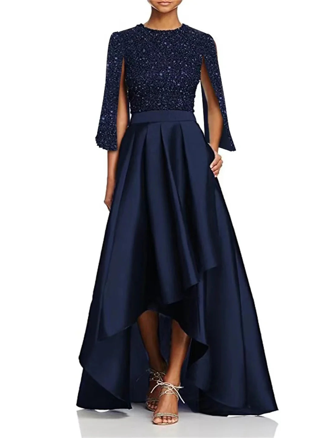 Luolandi A-Line Cocktail Dresses Elegant Dress Wedding Party Church Tea Length Long Sleeve Jewel Neck Pocket Sequined with Slit Sparkly Evening Dress